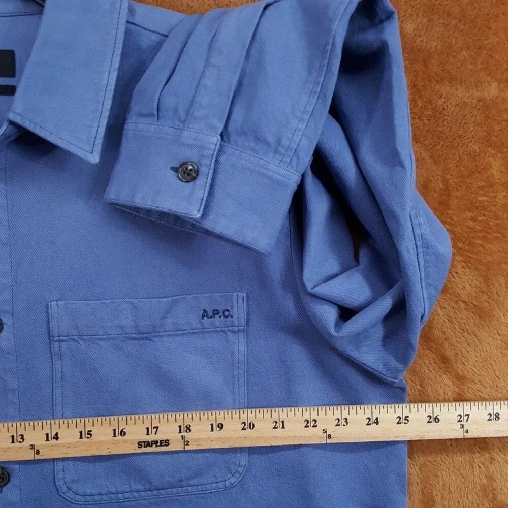 APC Overshirt Jacket Mens XL Blue Button Up Cotton Twill Logo Pocket LEON $335